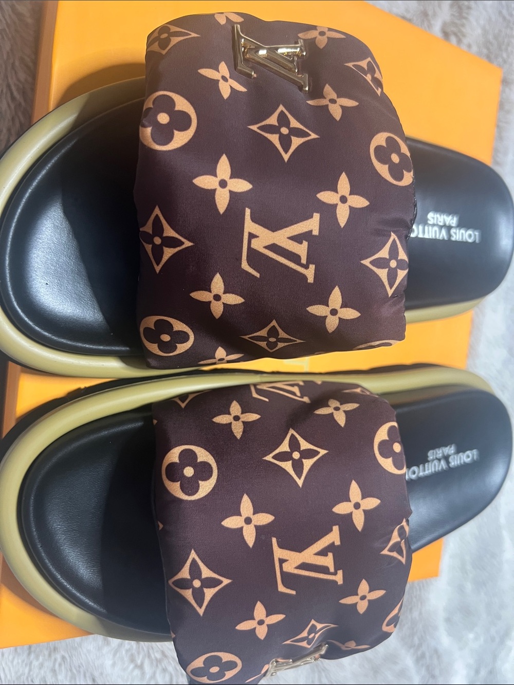 Brown Monogram Slide Sandals with Gold LV Accent size 35 - Picture 2 of 5